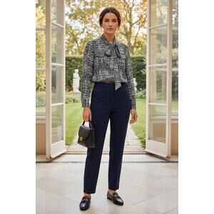 Escada 100% Silk Scarf Bow Blouse Top Button Front S 36 Blue Black Luxury Career